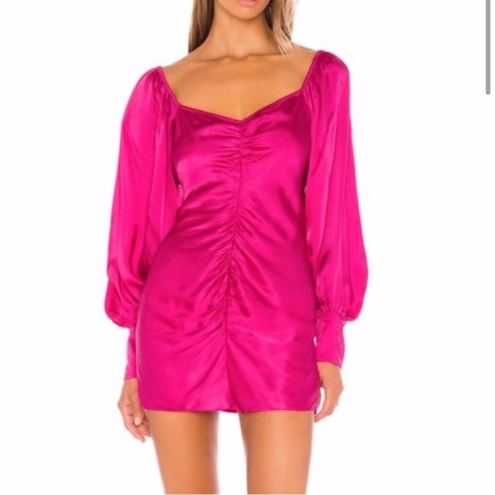 Rococo Sand Poppy magenta pink ruched blouson long sleeve satin mini dress M